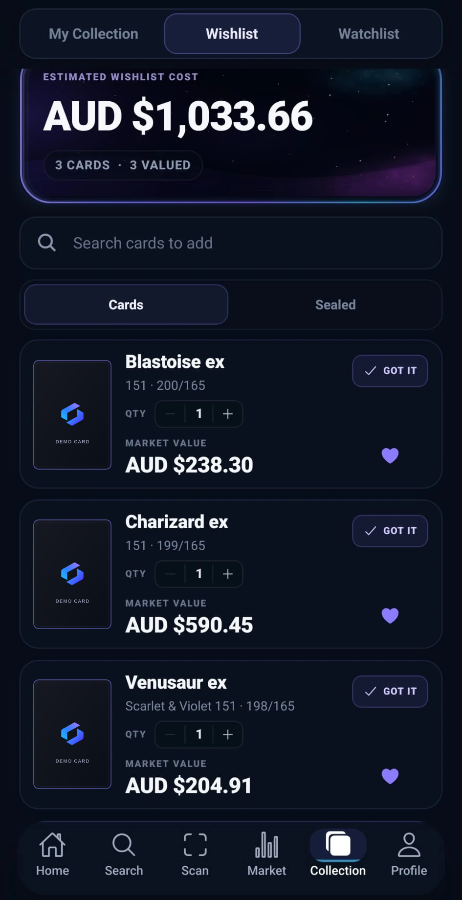 CardComp Wishlist showing Blastoise ex, Charizard ex and Venusaur ex with captured AUD market values