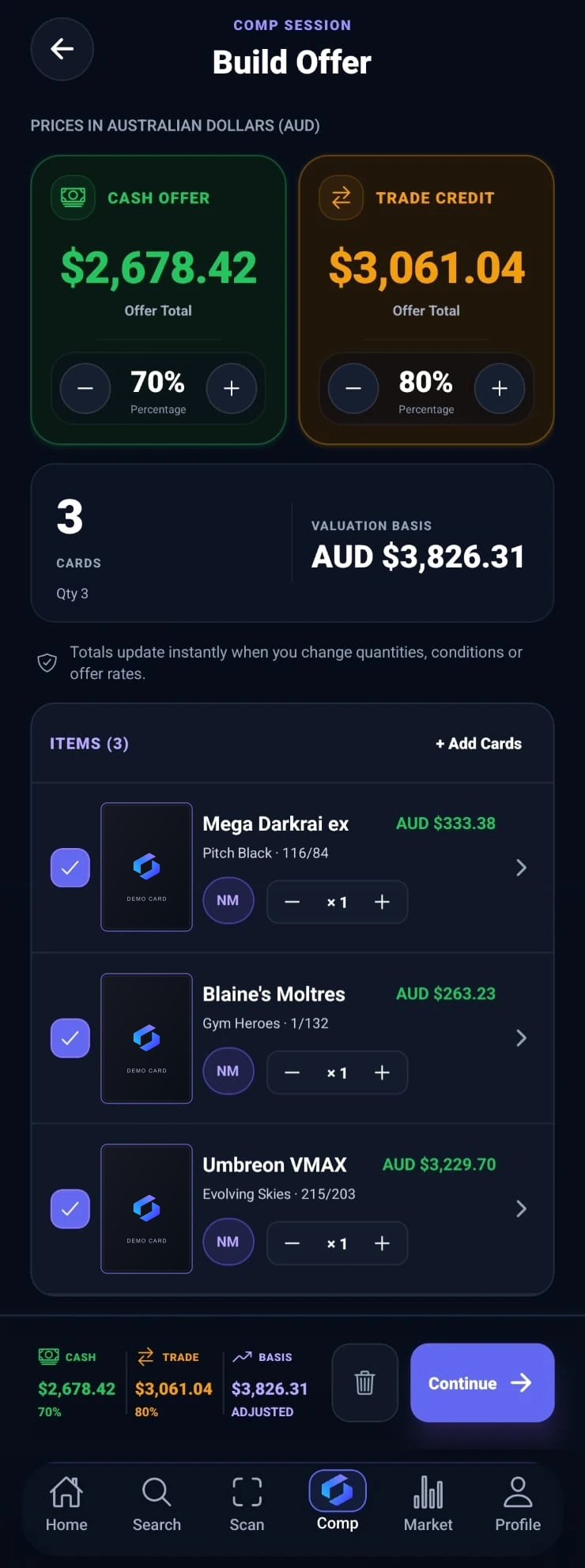CardComp Build Offer with cash offer, trade credit, percentage controls, valuation basis and three card items